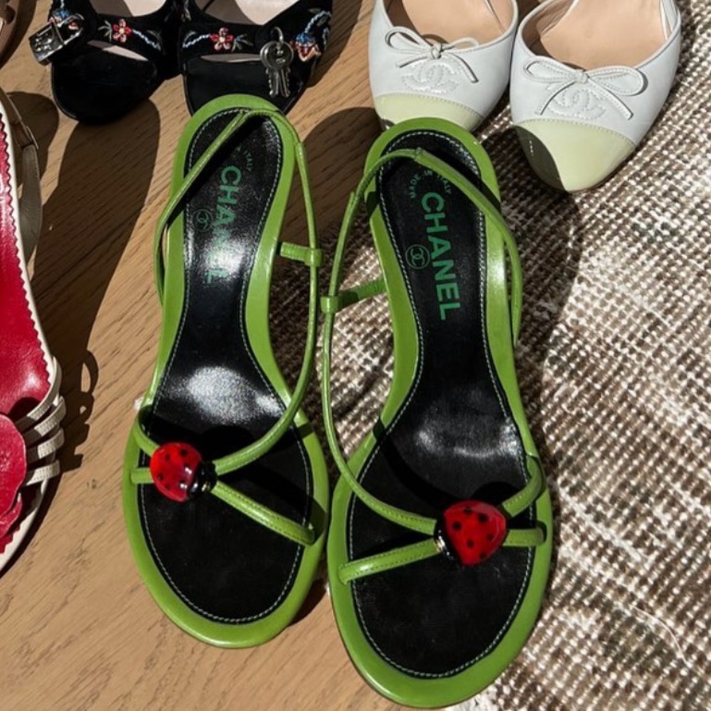CHANEL Green and Red Sandals with Floral Accents
